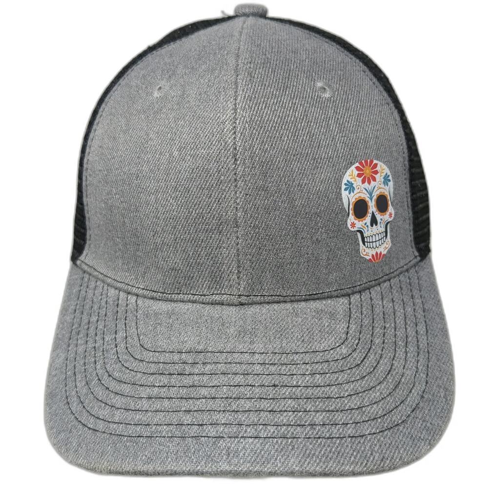 Trucker Hat Gray One Size Sugar Skull Snapback Mesh Back Curved Brim Floral Art